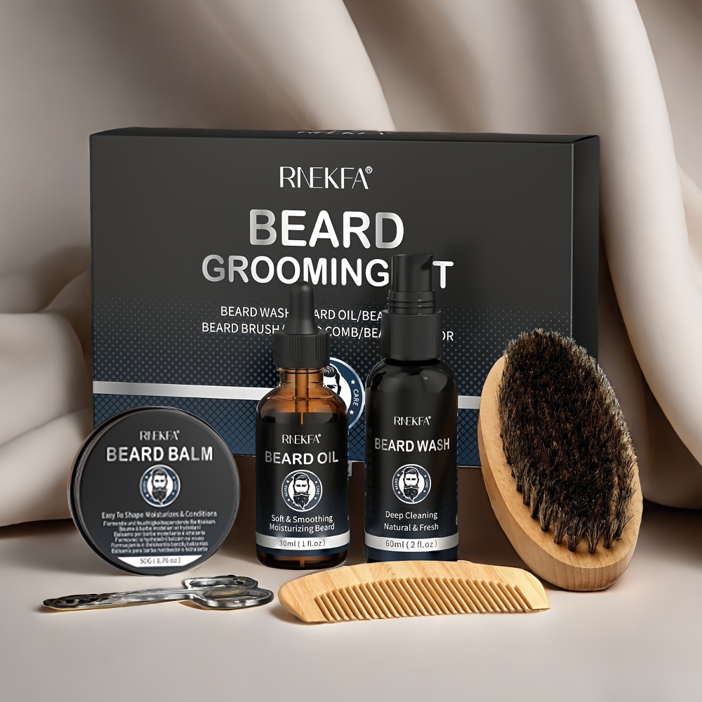 Image of A Grooming Kit For Beards, Featuring Beard Care Liquid, Essential Oil, Cream, A Brush, A Comb, And Scissors. Ideal As A Gift Set For Hair And Beard Care, For Father's Day. An Present