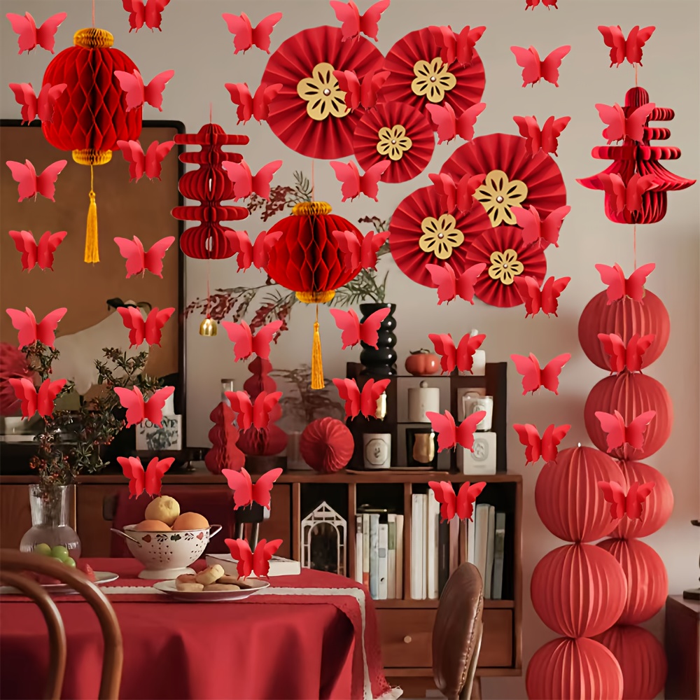 

11pcs Of Paper Flower Fans, Red Pull Flowers, New Year Honeycomb Lanterns, New Year Spring Festival Bedroom Door Wall Hangings.