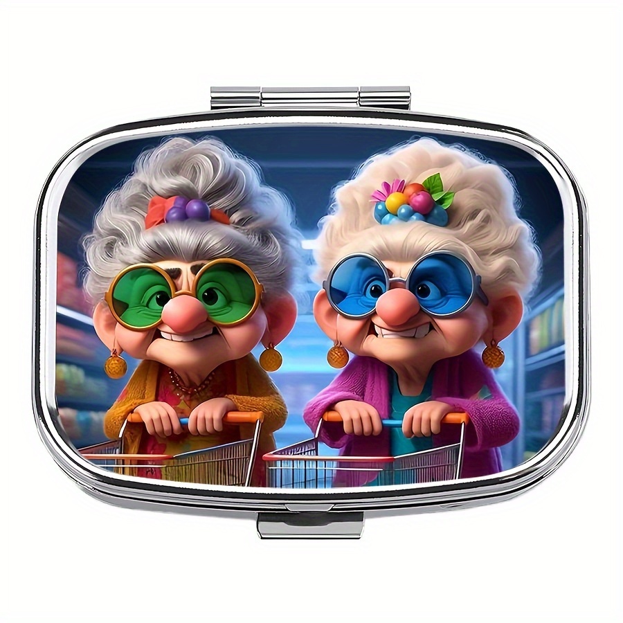 

1pc Cute Grandma Metal Pill Box, 2-compartment Medicine Organizer, Food Contact Safe Vitamin Case For Pocket & Purse, Gift