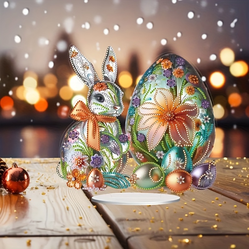 

Easter Bunny & Floral Egg Diy Diamond Embroidery Kit - Unique Acrylic Craft Set With Irregular Shaped Diamonds, Decorative Stand Included - Creative Decor Gifts, Diamond Art Kits