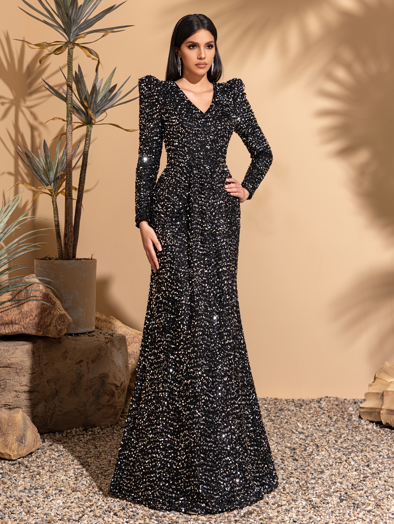 v neck sequined long sleeve bodycon evening gown elegant - Temu United Arab  Emirates