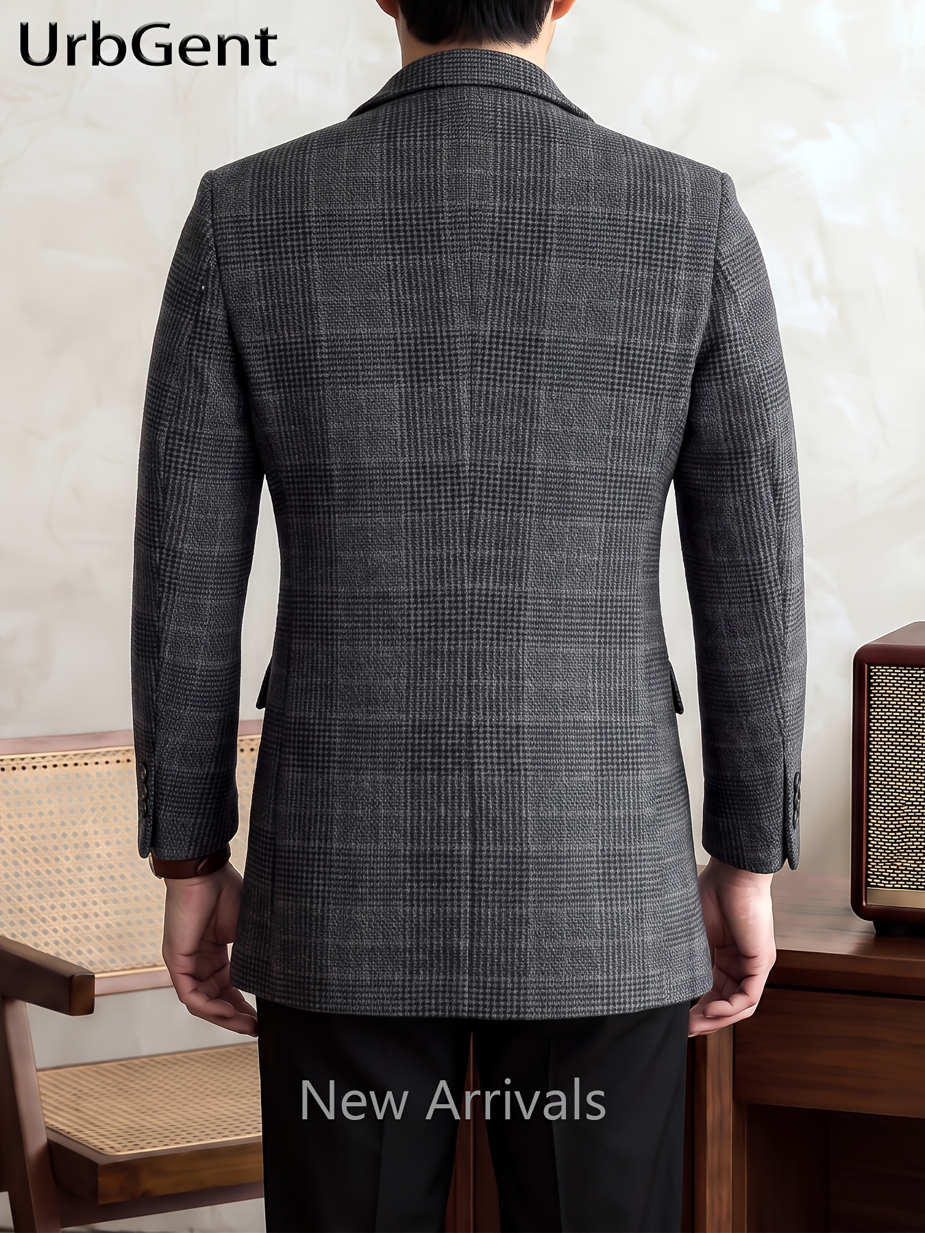 100% Wool Autumn/Winter Men's Checked Tweed Overcoat with Lining, New Style Suit Lapel Single-Breasted Design with Large Flap Pockets, Mid-Length, Thick and Warm, Structured and Stylish, Versatile for Business Casual, Suitable for Commuting
