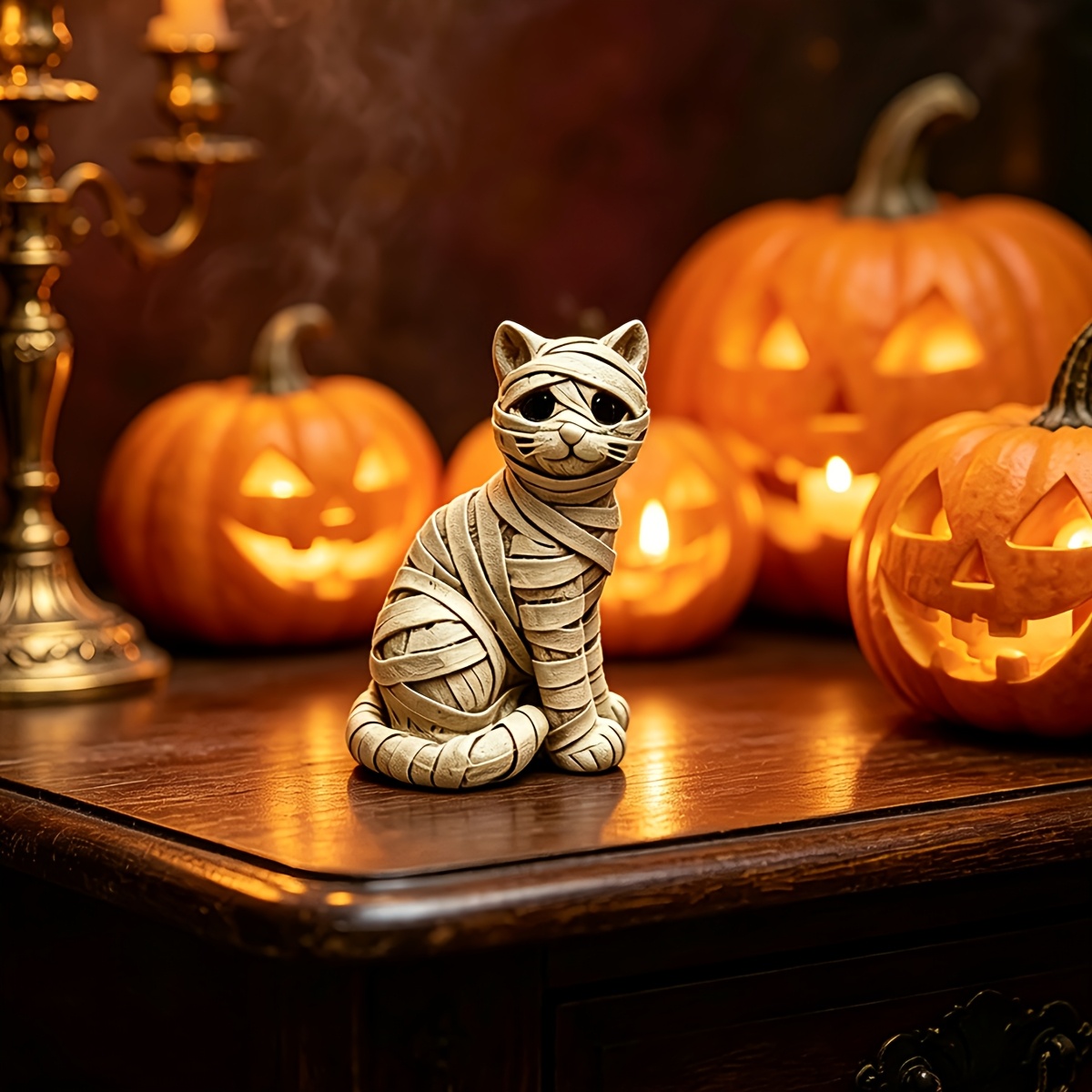 TEMU 1pc Halloween Retro Sitting Ancient Egyptian Cat Resin Ornament, Bandaged Cat Sculpture, Dark Gothic Horror Table Decor, Suitable For Halloween