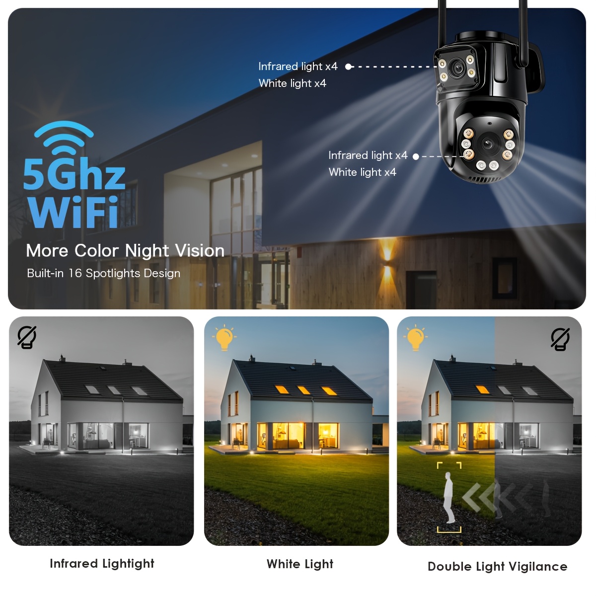 Система за домашна сигурност с камера 6MP, непрекъснато записване 24/7, стабилен Wi-Fi сигнал 2.4/5Ghz, PZT 360° широко покритие, цветно нощно виждане, съхранение в облак/SD карта, без абонаментни такси, лесна инсталация за външна домашна сигурност, безжична външна камера с нощно виждане, захранване