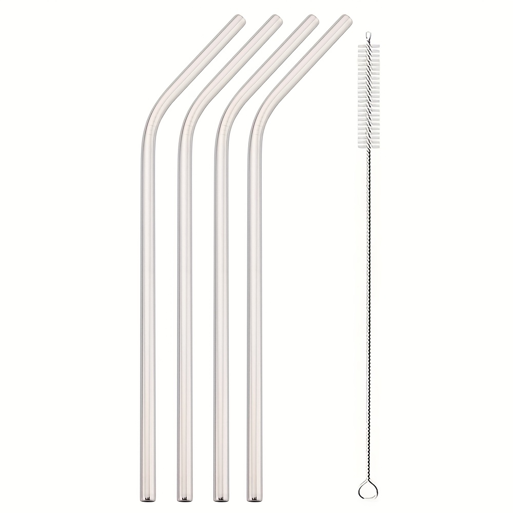 Image of A Set Of 4 Bent Reusable Straws, 304 Stainless Steel Sturdy Drinking Straws, Food-grade With 1 Cleaning Brush, Suitable For Juice Smoothies Milk Tea Coffee Cocktails