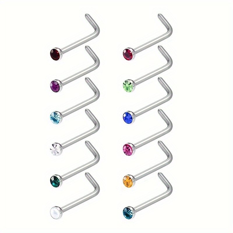 TEMU 12pcs Stainless Steel L-shaped Rhinestones Nose Nail Nose Ring, Body Piercing Jewelry