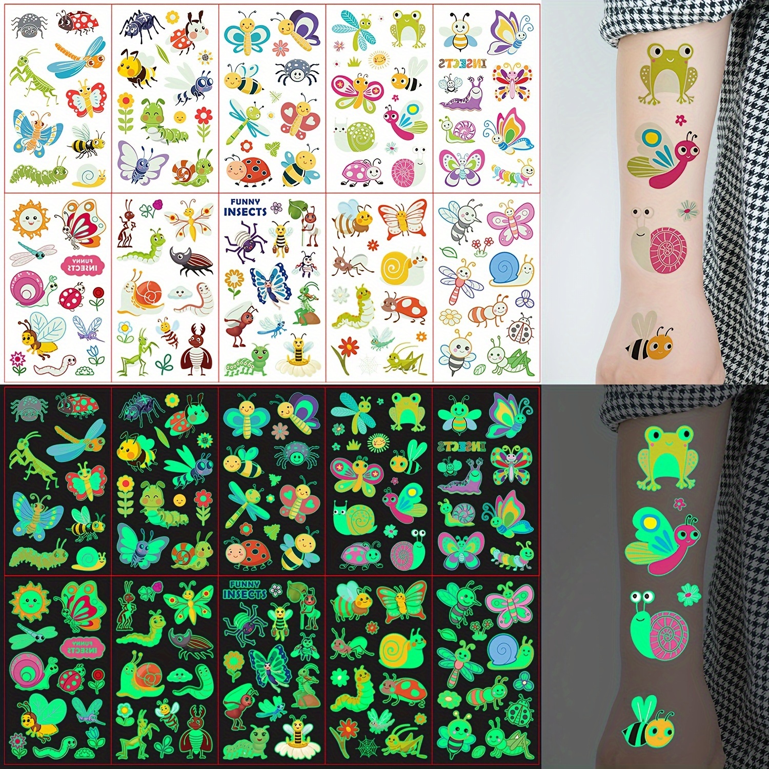 

Glow In The Dark Temporary Tattoos Stickers, 10 Sheets With 120 Pieces - Waterproof Cartoon Insect Series, Bee Dragonfly Snail Butterfly Frog Designs, Fun Dress-up Body Art, Lasts 2-5 Days