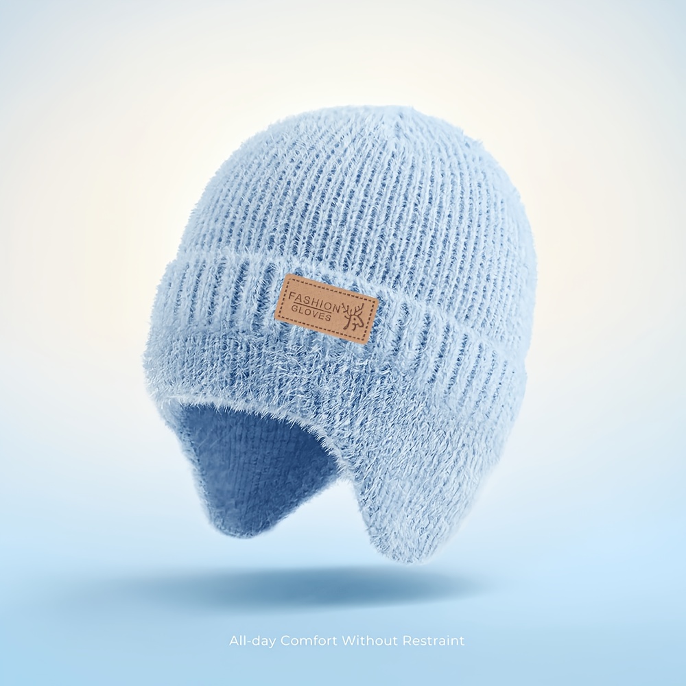 TEMU Winter-Neuheit minimalistische randlose Damen-Beanie, plüschgefütterte, verdickte, isolierte Stretch-Mütze mit „Hirschkopf“-Logo, verlängerte