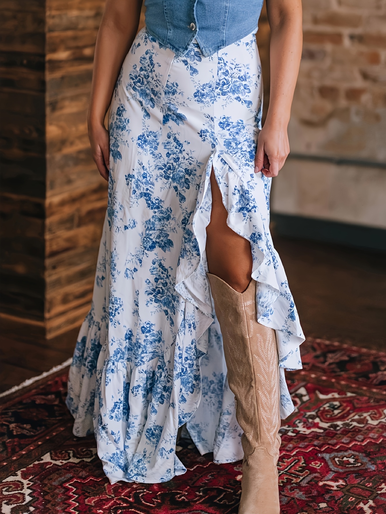 womens floral print tiered hem skirt side blue Temu Portugal