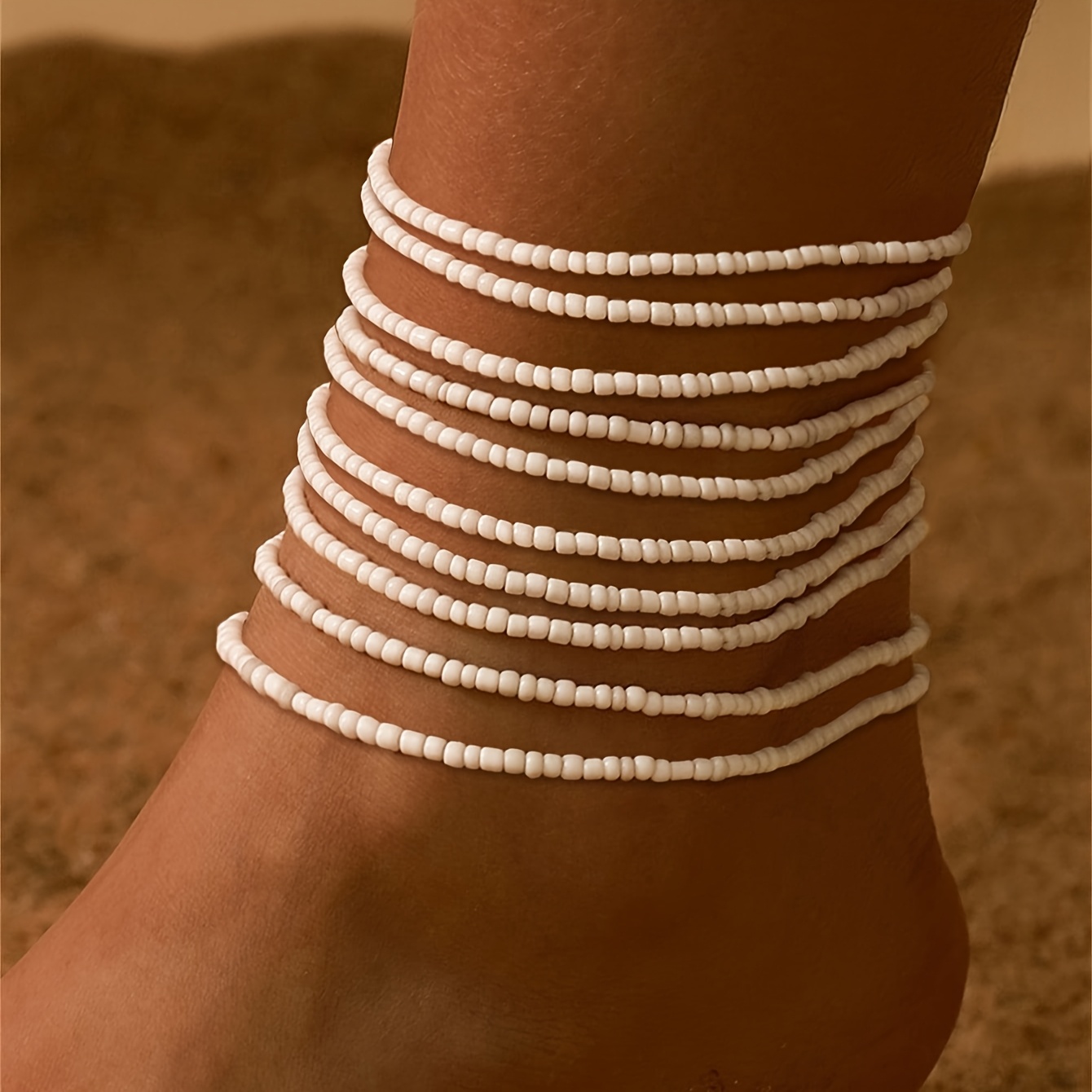 TEMU 10pcs Bohemian Ethnic Bead Stretch Rope Anklets For Women - Minimalist Ankle Bracelets For Summer Beach Vacation & Casual Attire, Lightweight