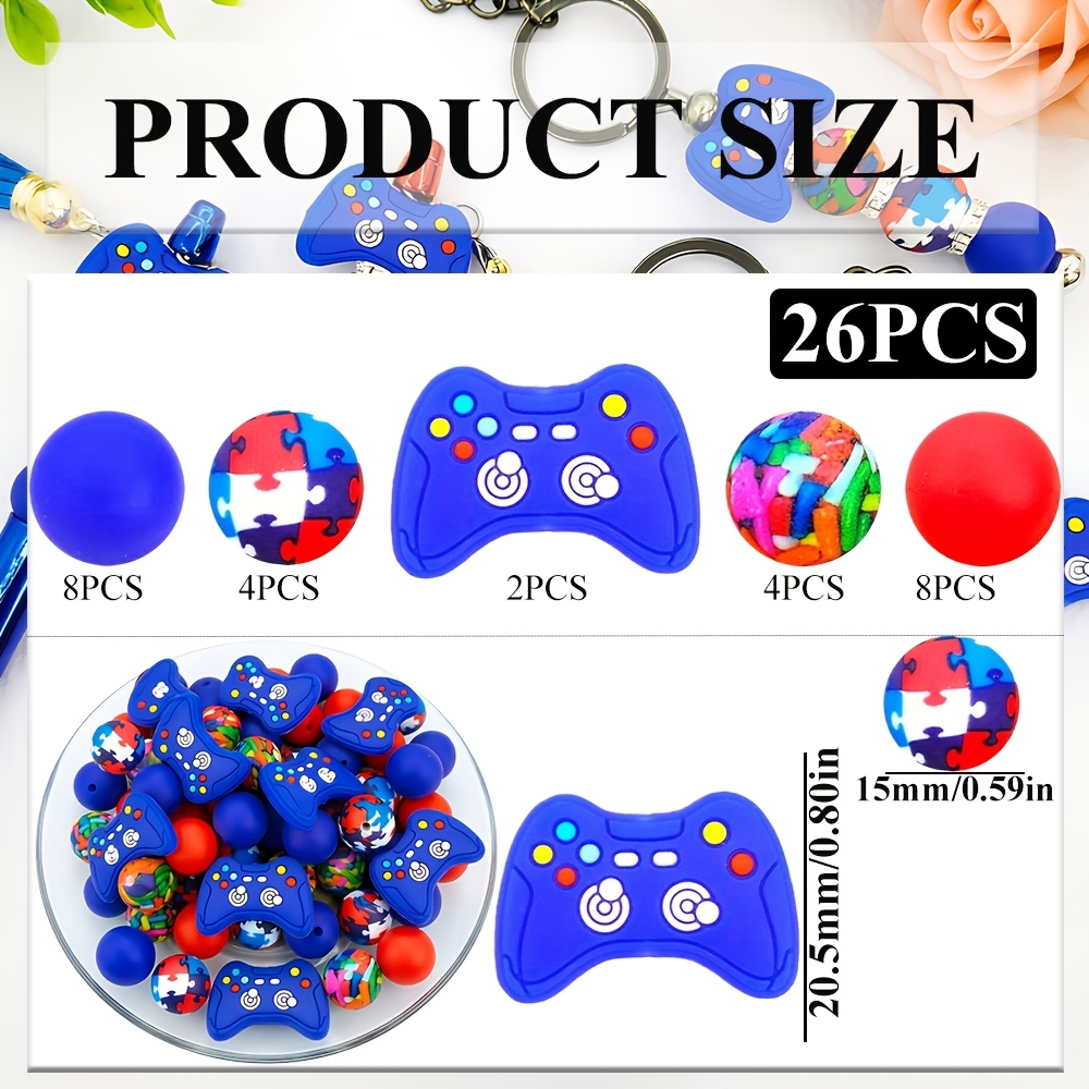 TEMU 26pcs Perles en Silicone Perles Libres Jeu Machine de Jeu Poignée Rouge Bleu Perles en Silicone pour Décoration de Bijoux Ajouts de Perles pour
