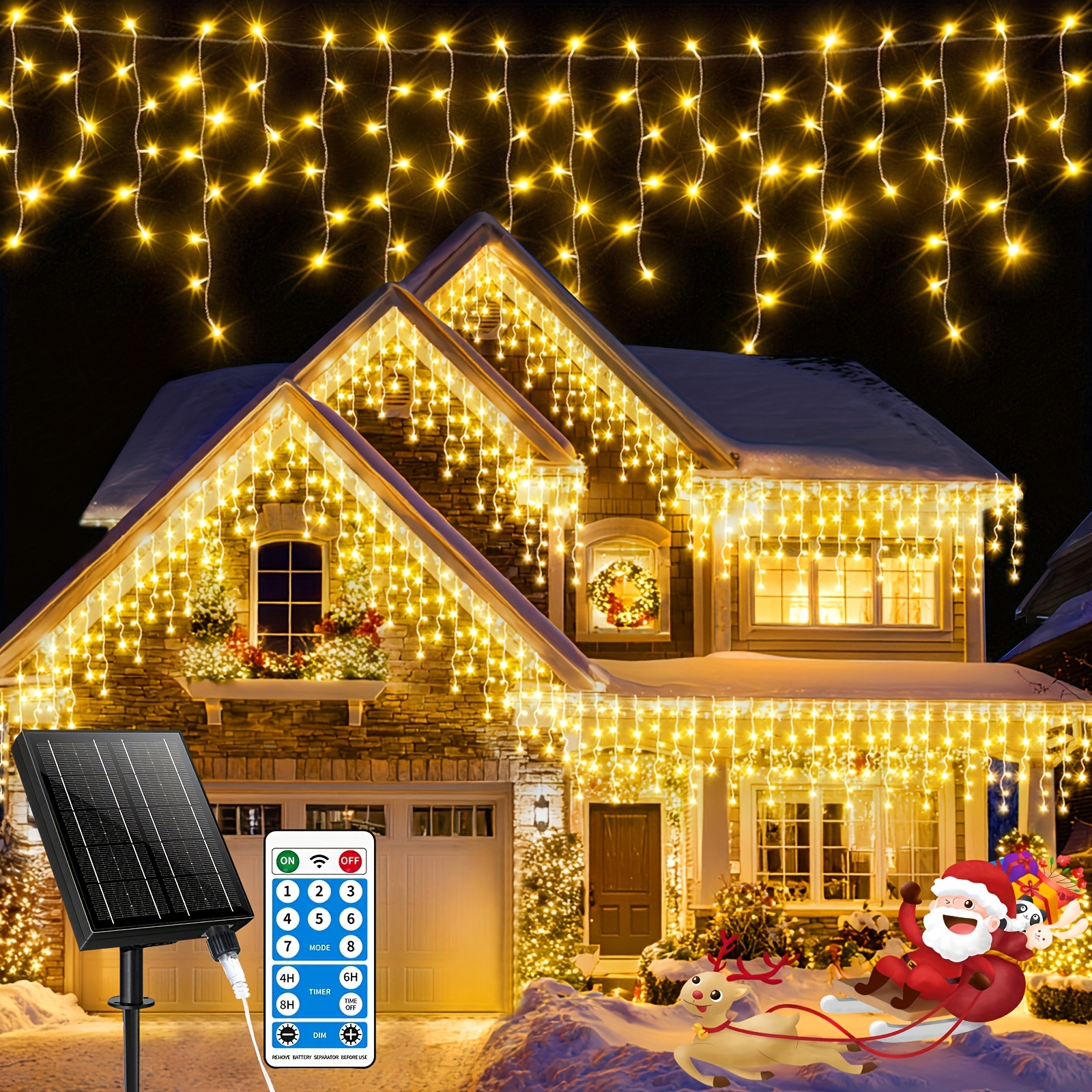 Image of Solar Engineering Icicle Lights Outdoor 82.5ft 20+5m 880led 2500ma Outdoor Christmas Fairy Light String 8 Timed Remote Control Flash Lights For Christmas Roof Party Wedding (warm Light)