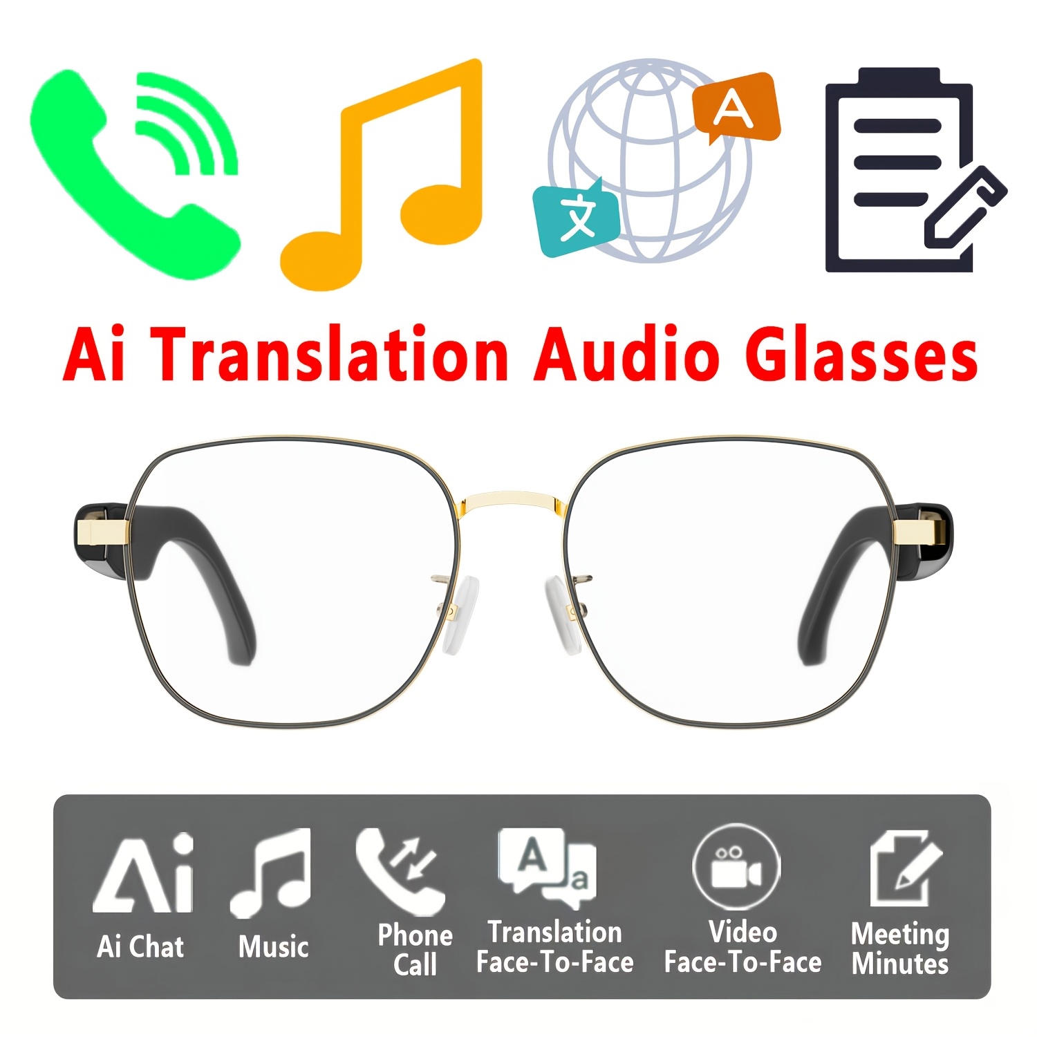Image of Ai Glasses: Real-time Translation 160 Languages. Featuring Built-in Microphones And Speakers, You To Make And Calls, Listen To Music, Real-time Translation, Record Meeting Minutes, And In Ai Chat.
