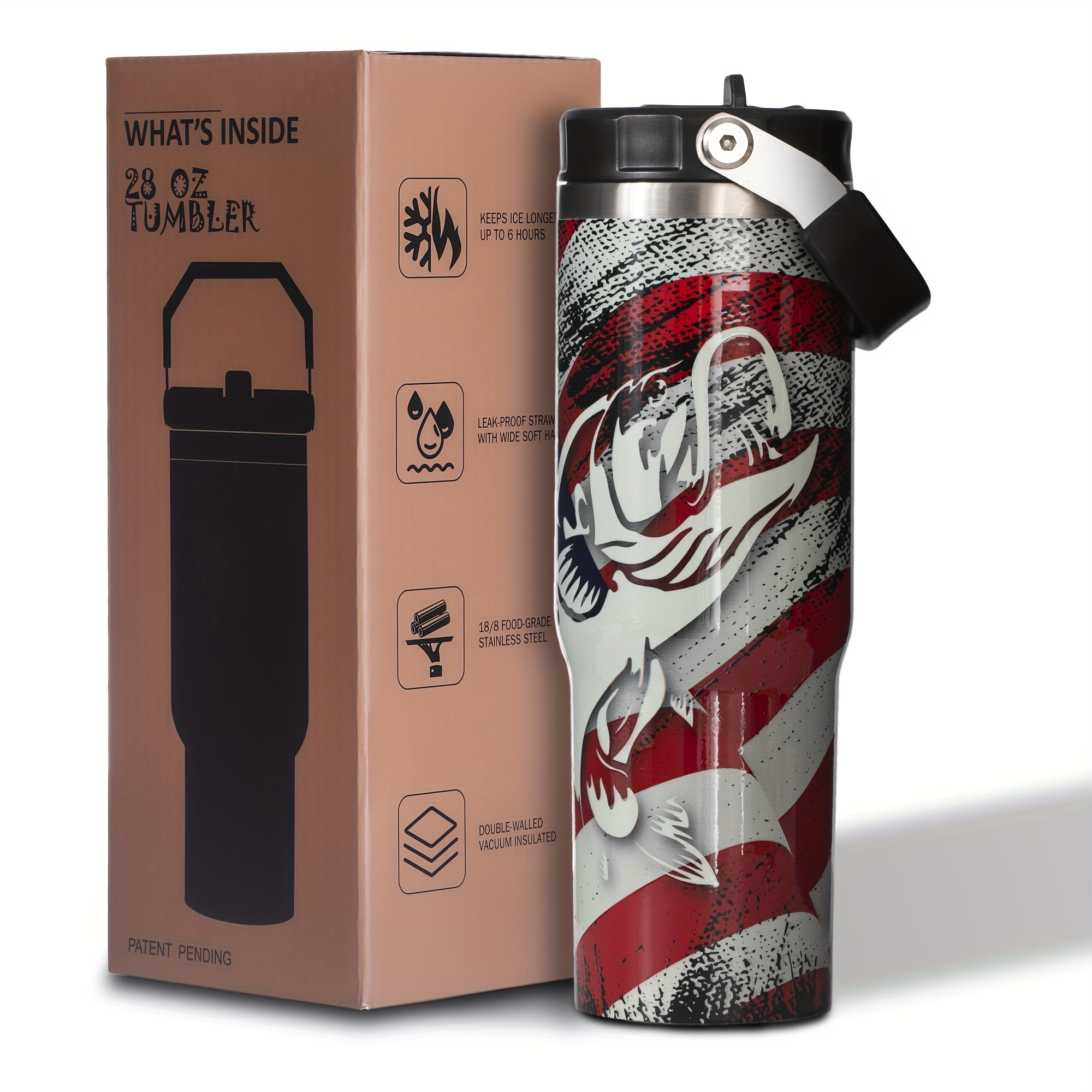 

Weboia 30 Oz Fishing Tumbler With Handle - Insulated Stainless Steel Water Bottle With Flip Straw - American Flag Cup With Lid - Birthday Gift For Men - Hand Wash Only