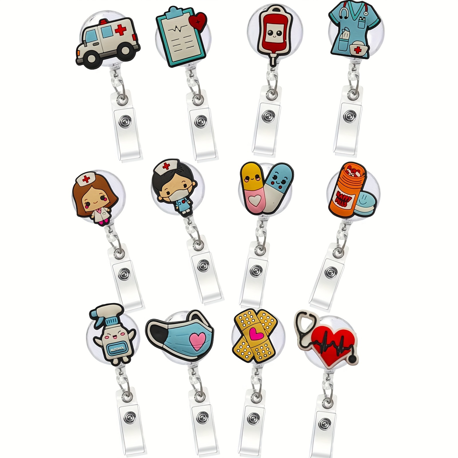 Image of 2d 7/12pcs Cute Medical Series Retractable Badge Reel - Nurse Doctor Volunteer Employee Id Holder