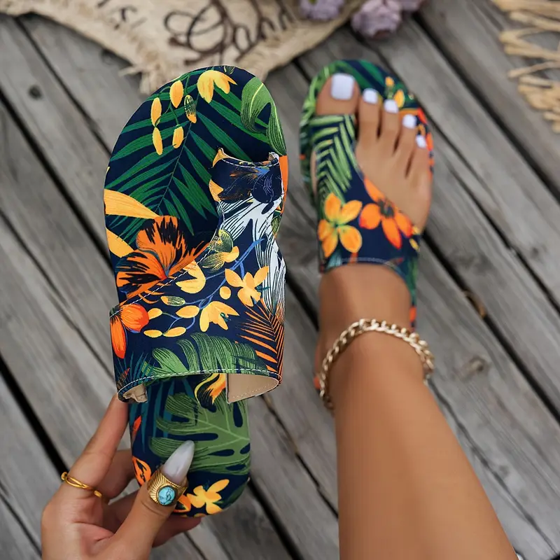 vibrant womens tropical print flat slide sandals stylish open toe casual summer footwear with toe for indoor outdoor use strappy sandals details 0