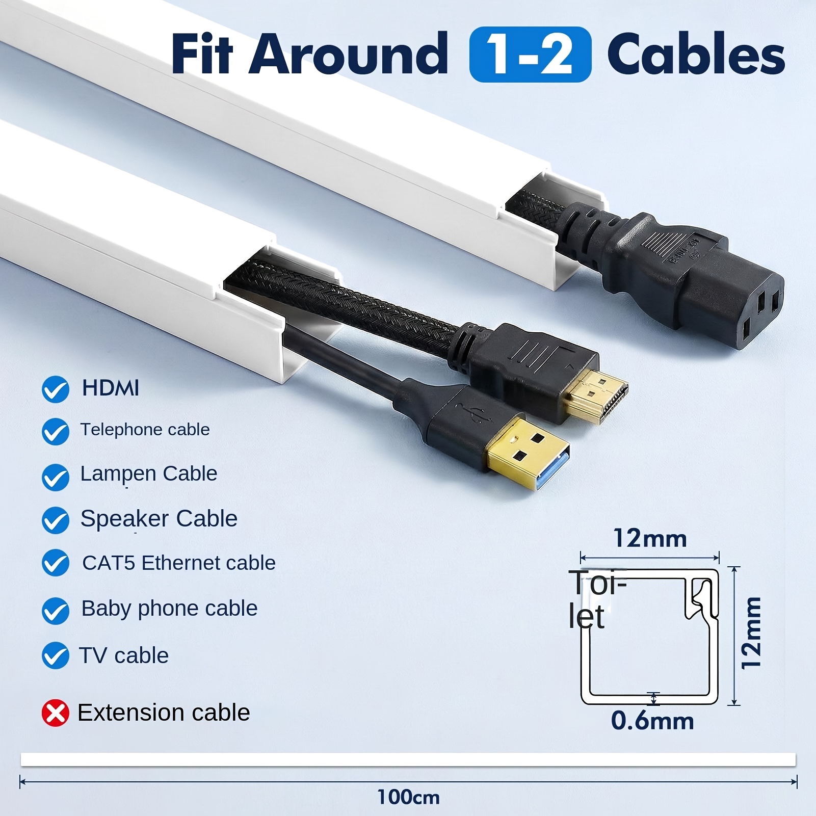 Image of Set Of 20 Pvc Cable Concealment Channels, Self-adhesive Wall Cable , Suitable For Home Offices, Wire And Tv Cable Organization Kit, Made Of Durable Plastic, (100cm Length)