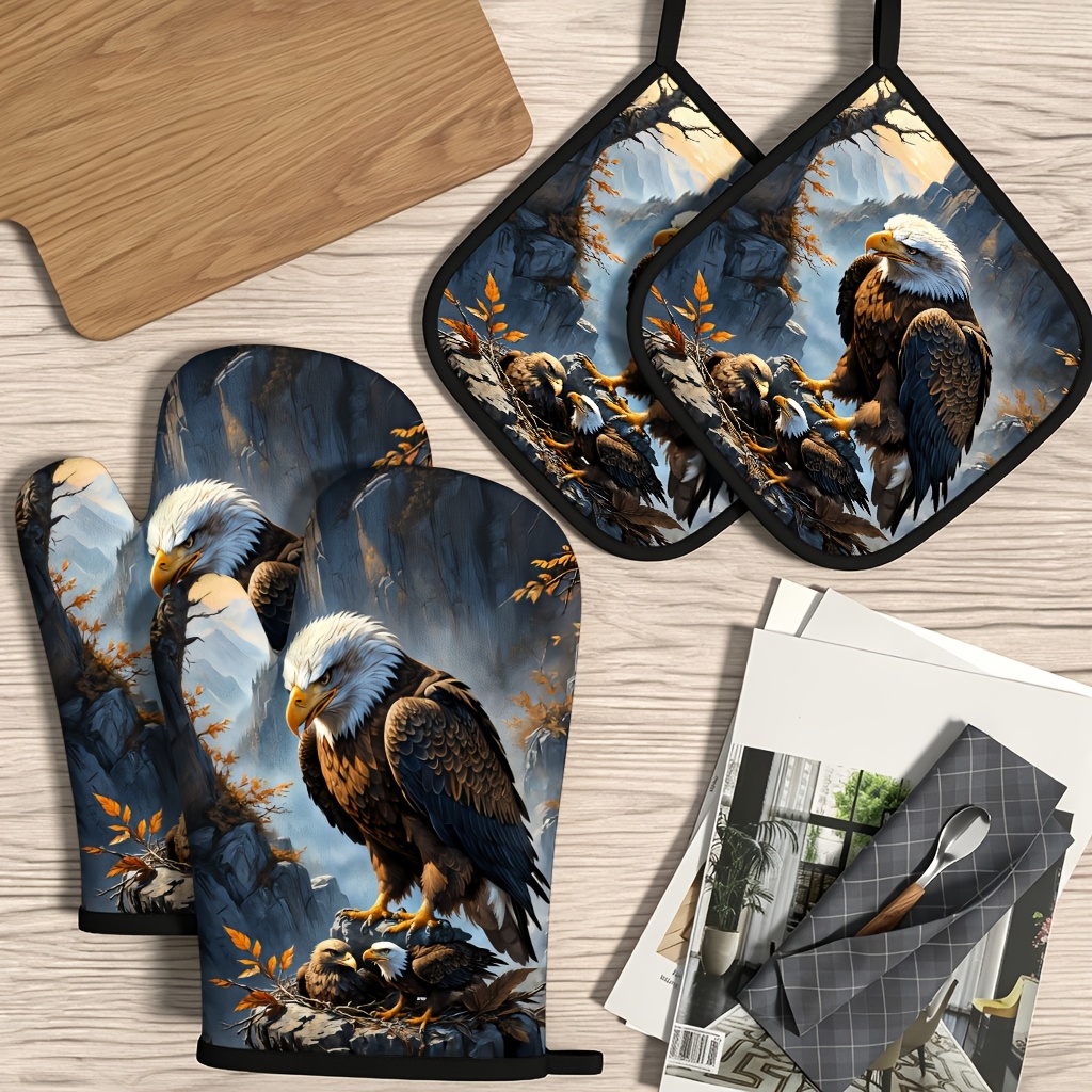 TEMU 4pcs Set Mountain Eagle Silhouette Pattern Oven Mitts And Heat-resistant Pot Holders, 27x17cm, , Suitable For Kitchen, Baking, And Home Use,