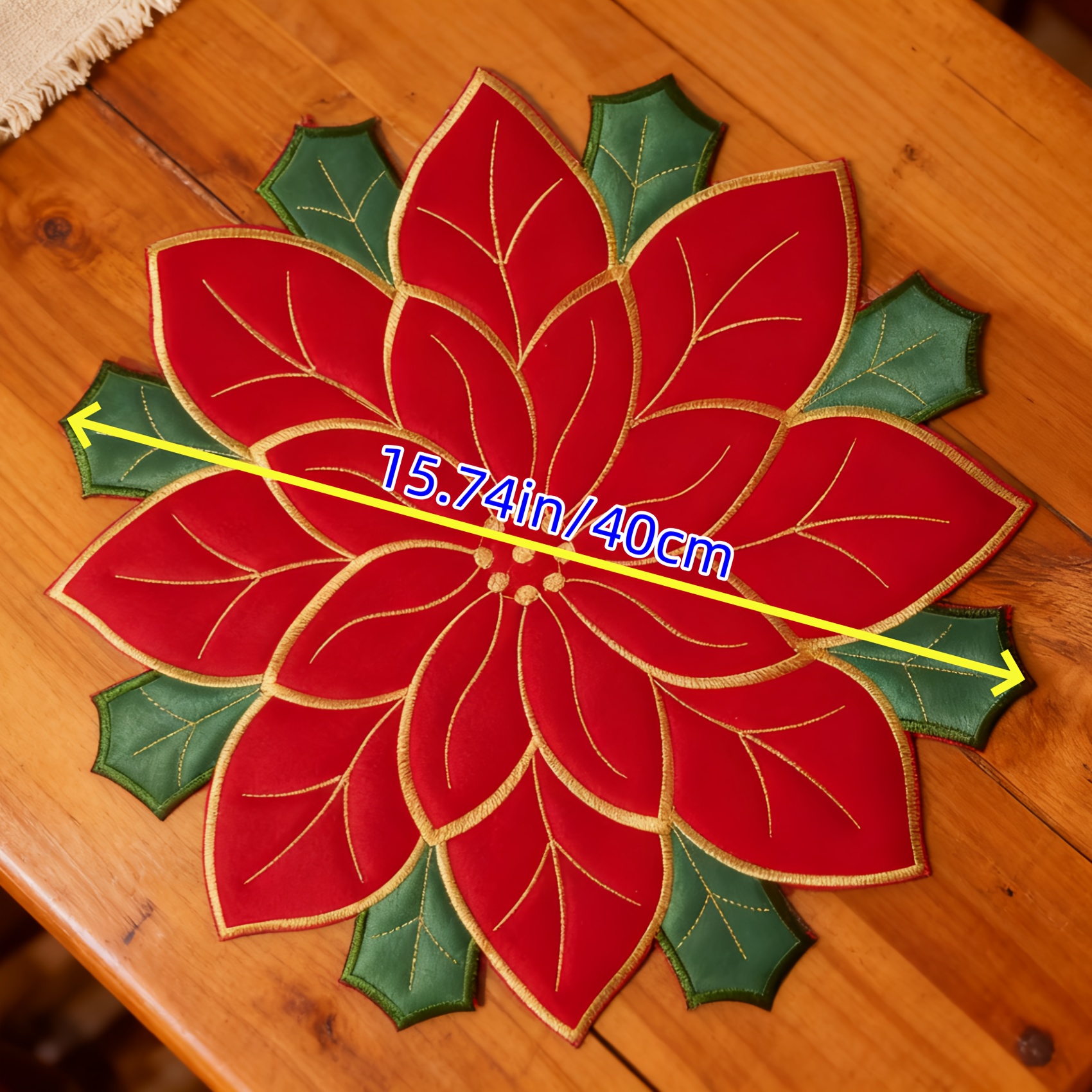 Image of Luxury Christmas Embroidered Round Placemat 40cm, Single Piece, Poinsettia Heat - Resistant Festive Table Mat