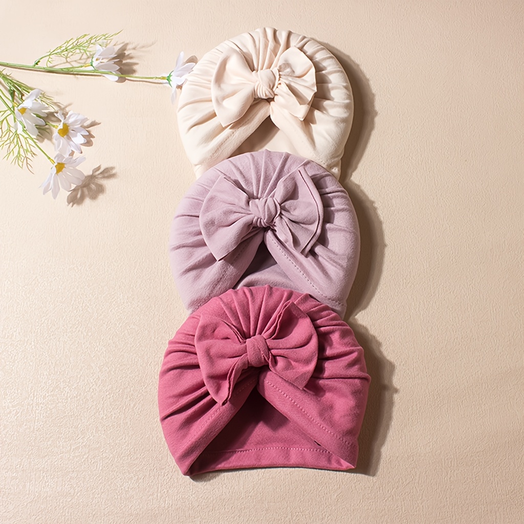 Image of 3pcs Baby Plush Fleece Bow Hat Soft Comfortable Pullover Hat Baby Hat For 0-2 Years Old