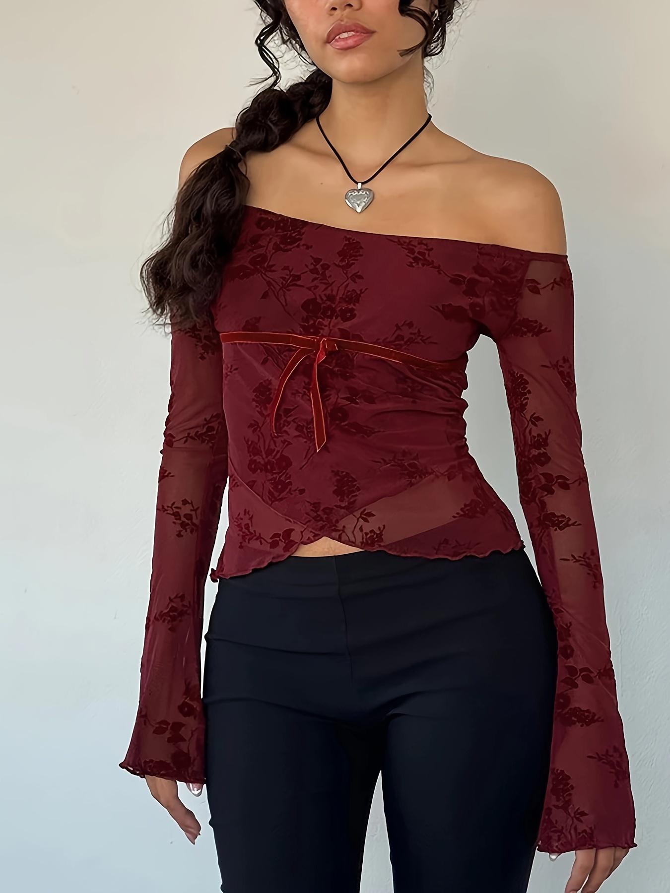 womens off the shoulder long sleeve top stretchy mesh   fit with floral print bow detail sheer retro elegant blouse for   wear