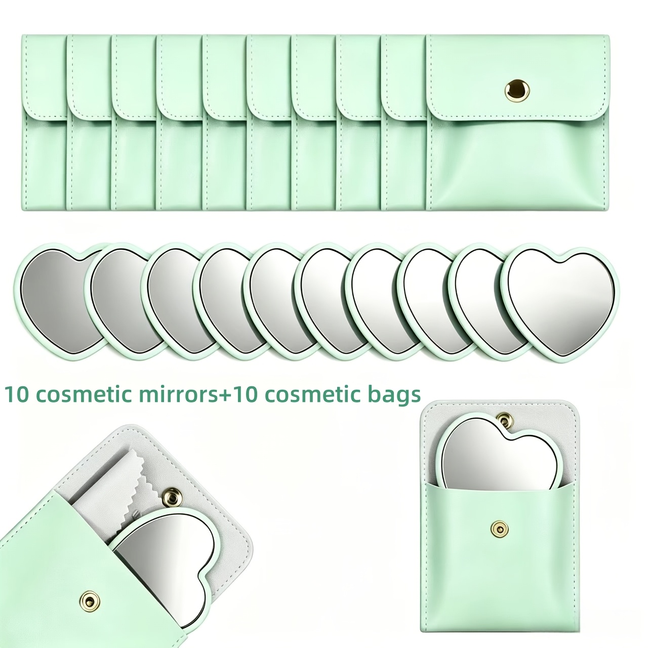 TEMU 20pcs Set (10 Heart-shaped Makeup Mirrors   10 Makeup Bags), Featuring Glass Mirrors With Elegant Makeup Storage Pouches, Perfect For Travel,