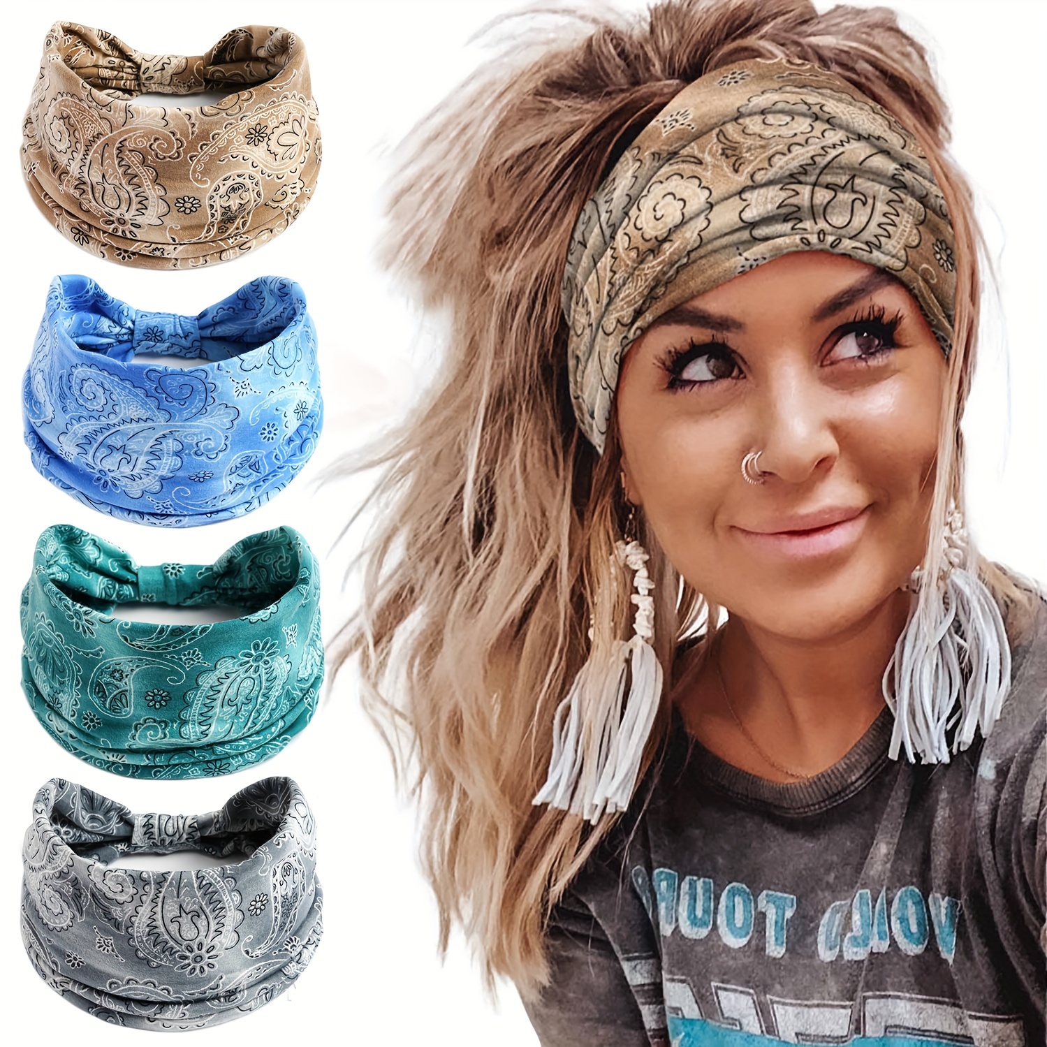 

4pcs Paisley Print Women's Headbands - Non-slip, Stretchy Hair Bands With Elegant For Sports & Fashion Accessories