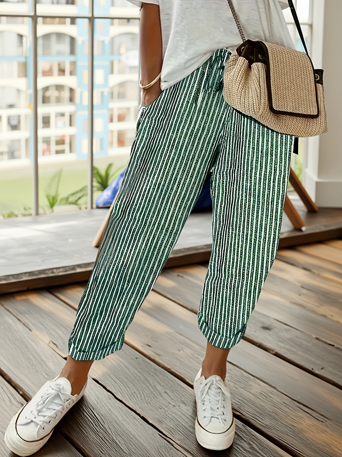 太め◎ 90s~ TIBERGHIEN stripe design slacks Vintage 90s Pants Womens 8 High Waist Pleated Tapered Leg