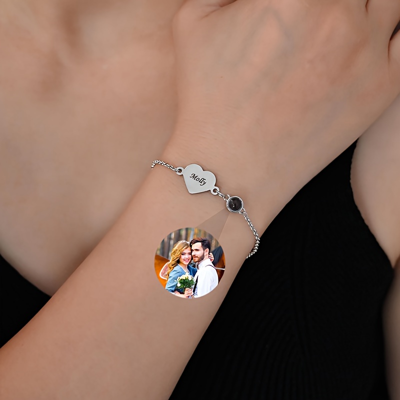TEMU Custom Photo Bracelet Stainless Steel Personalized Heart Name Projection Bracelet Fashionable And Easy Women's Bracelet Custom Memorial Jewelry