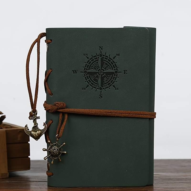 A Vintage Leather Notebook with a Matte Finish - Features an Antique Pirate-Themed Maritime Compass Design, Hardbound Writing Journal with a Metal Clasp And Spiral Binding.