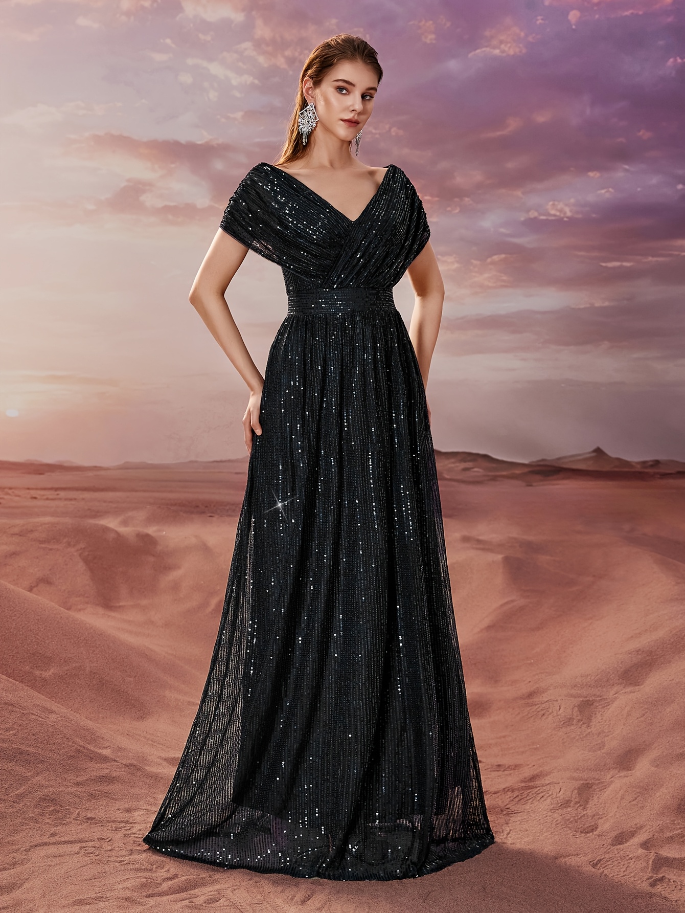 womens elegant shimmering sequin evening gown neck