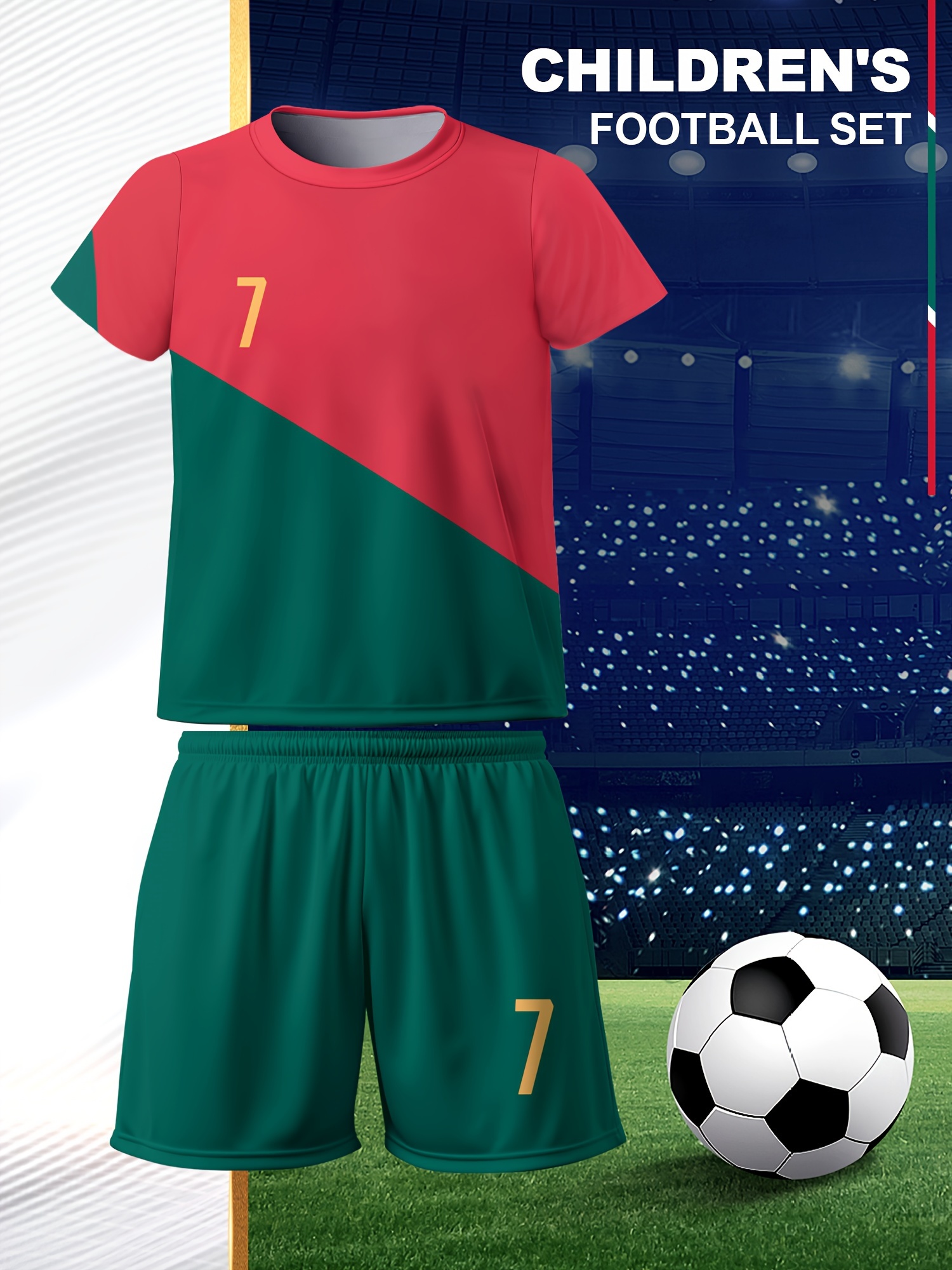 2PCS Contrast Colored Number 7 Print Boys Short-sleeved Soccer Jersey T-Shirt & Shorts Set Comfort Fit Sports Tracksuits For Boy