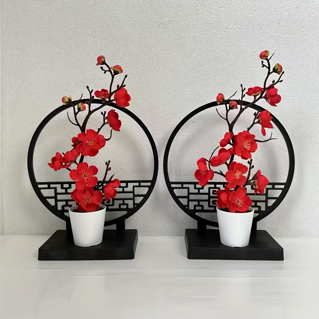 Image of 2 Sets Of Chinese-style Artificial Potted Plants, Plastic Faux Bonsai, Indoor/outdoor Artificial Greenery, Includes 2 Artificial Plum Pots + 2 Screen Bases - Creative Desktop Decoration