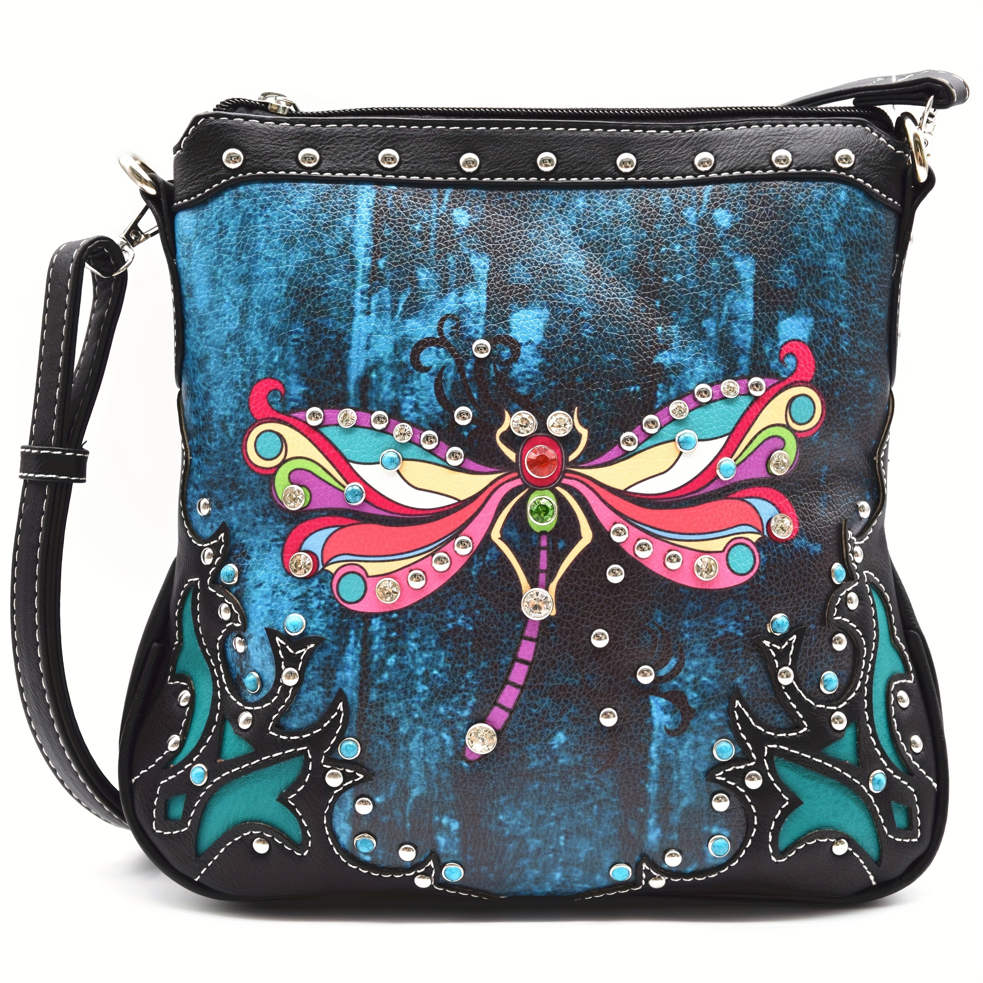 

Colorful Dragonfly Western Style Spring Rhinestone Gem Studded Purse Crossbody Handbag Women Single Shoulder Bag