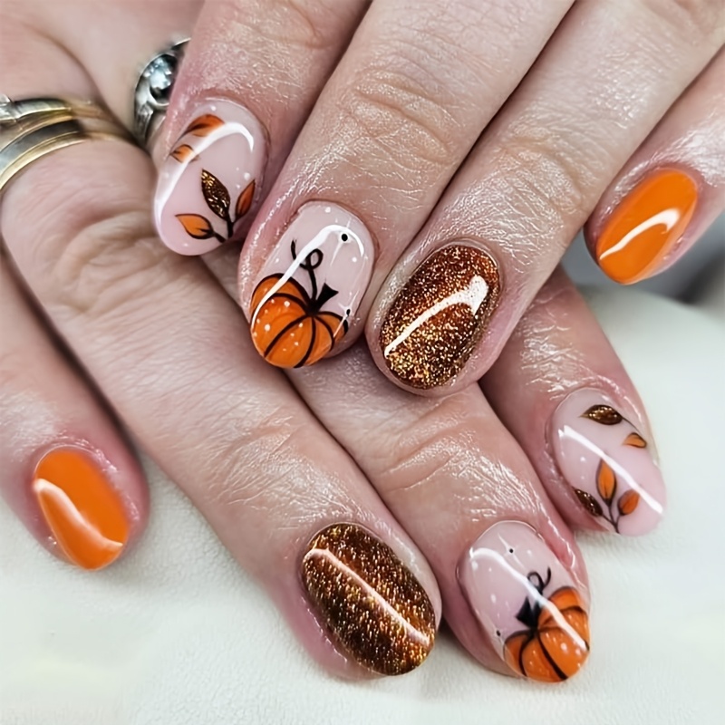 TEMU Faux ongles Citrouille Thanksgiving, Faux ongles de Thanksgiving pour femme, Ongles artificiels courts portables, de 24 pièces pour fête et art