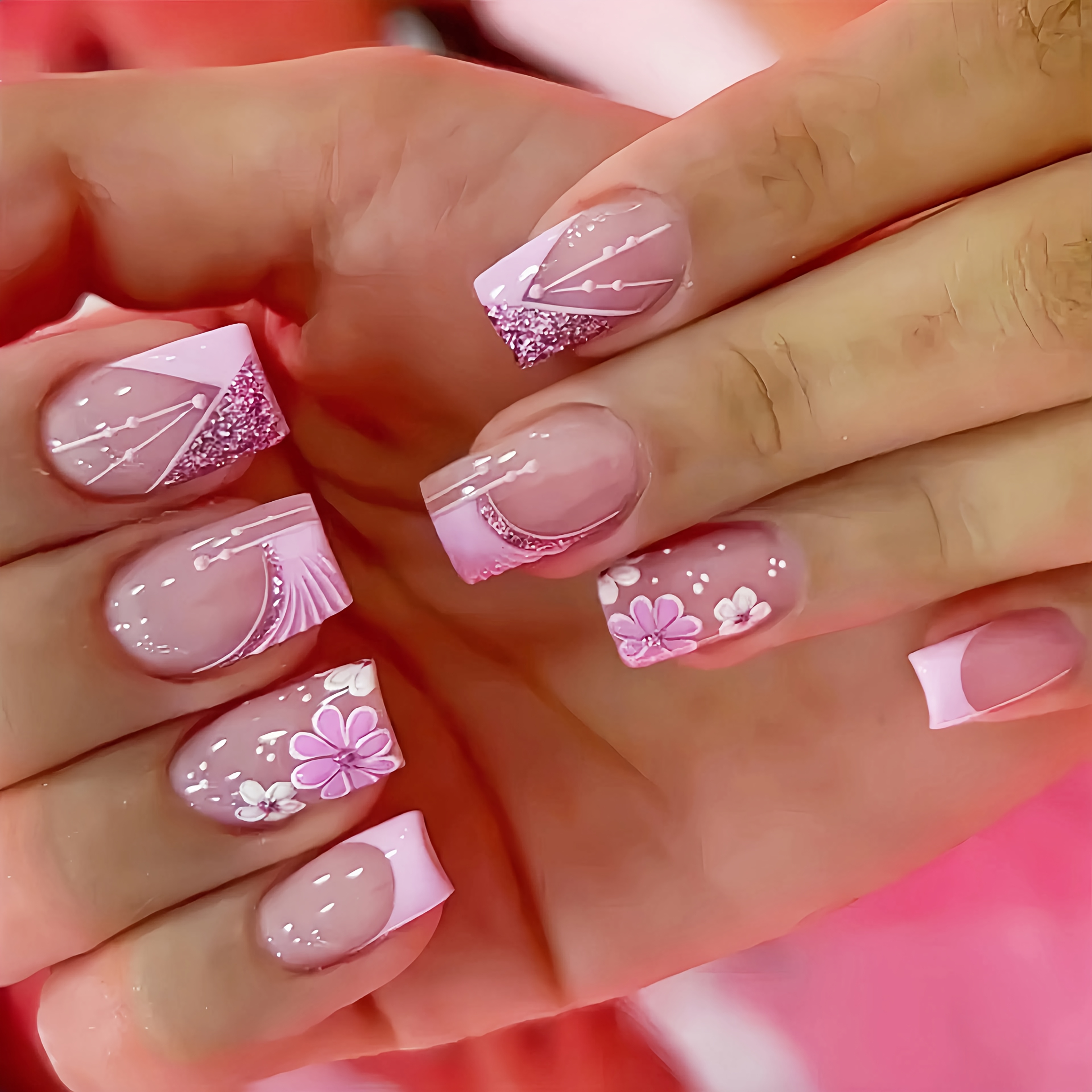 TEMU 24pcs Pink Glitter Flower Short Square Press-on Nails With Polka Pattern, For Women' And Work Wear, Easy To Add Nail Decorations. Includes Nail