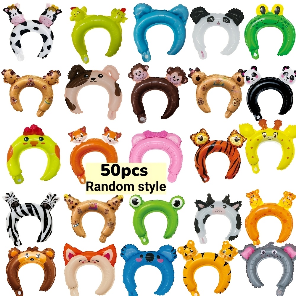Image of Set Of 50 Inflatable Headbands Featuring 10 Different Zoo Animal Designs, Perfect For Jungle-themed Birthday Party Favors, Assorted Styles Of Balloon Hats