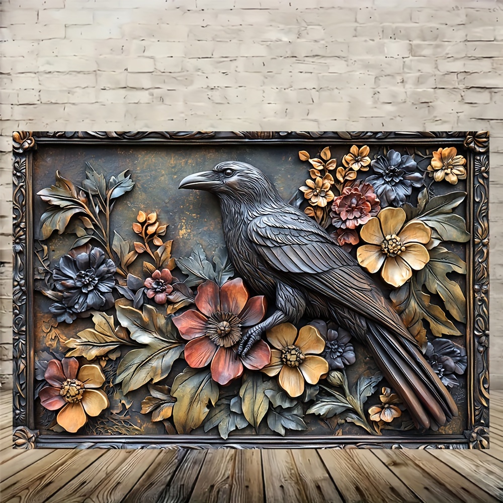 

Vintage Flower And Crow Wooden 3d Effcet Canvas Painting Wall Art Prints For Home Decoration, Living Room & Bedroom, Festival Party Decor, Gifts, Ready To Hang