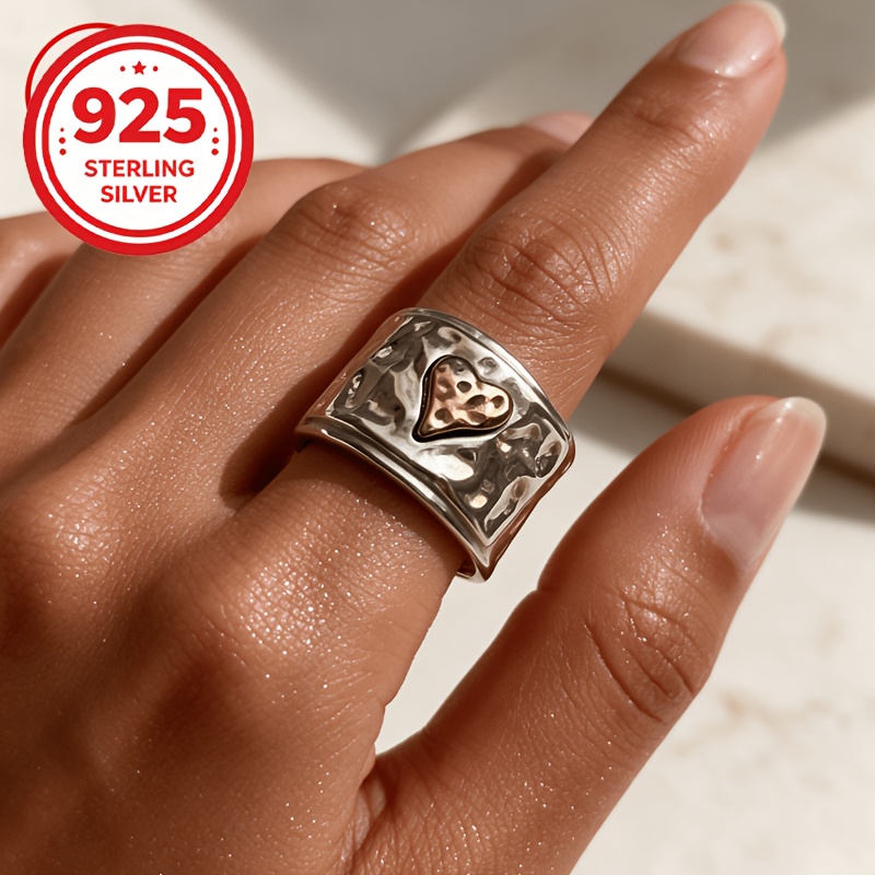925 Silver Textured Heart Color-Block Geometric Ring