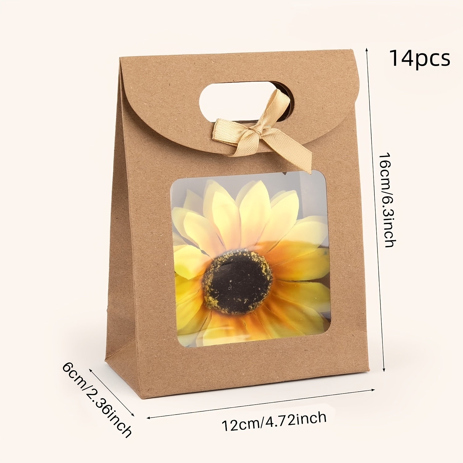 TEMU 14pcs Brown Paper Gift Bags (with Transparent Windows) Upright Handle Gift Bags Suitable For Packaging Occasions Such As Birthdays Weddings