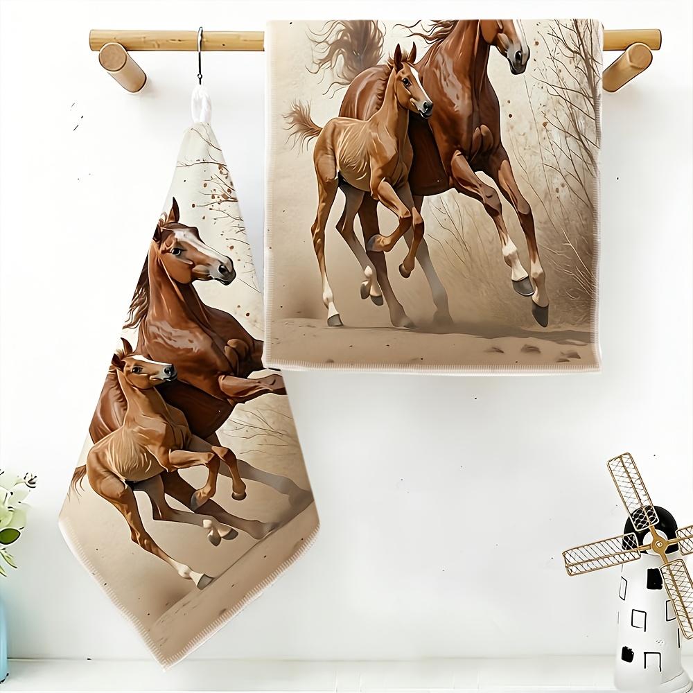 TEMU 2pcs Towels, Running Horses Themed Design, Polyester Material Small Towels, Suitable For Face Washing, Hand Drying, Dish Drying, Fashion Casual,