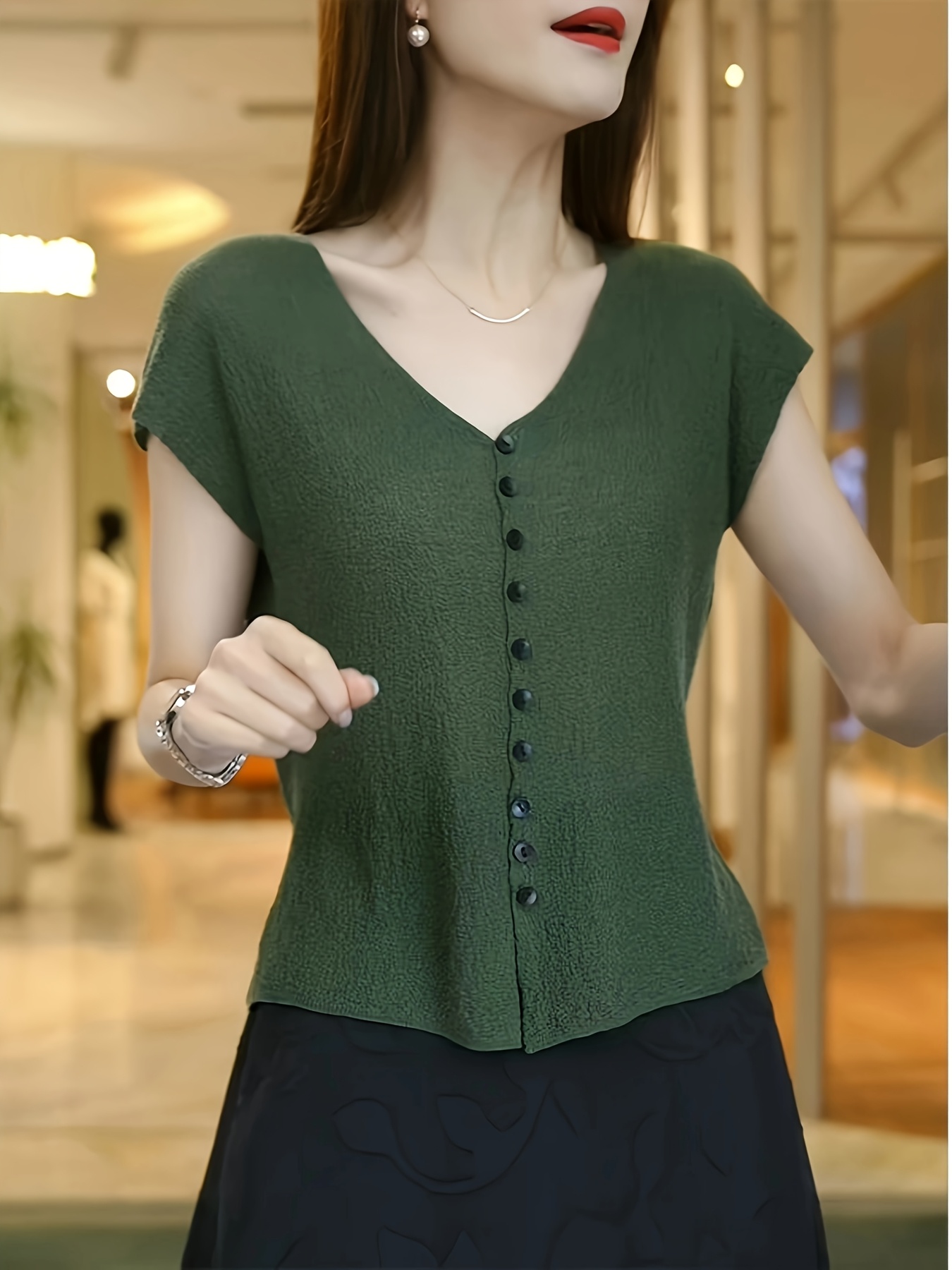 Mint Women's Fit Sleeveless V-Neck Sweater Olive Green Solid Color,  Button Front H-Silhouette Short Top, Machine Washable Summer