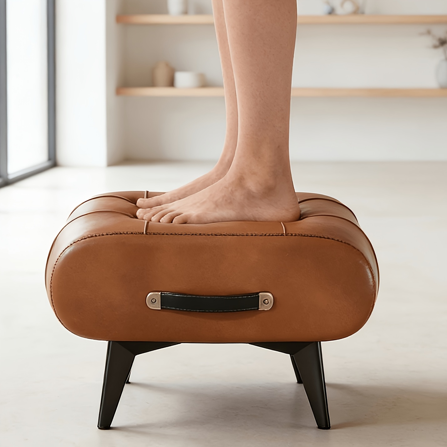 Modern Faux Leather Ottoman Pouffe Bench With Portable Handle - Convertible Footrest & Coffee Table Stool, Small Square Padded Seat Suitable For Living Room, Frame, Space- Multifunctional Furniture
