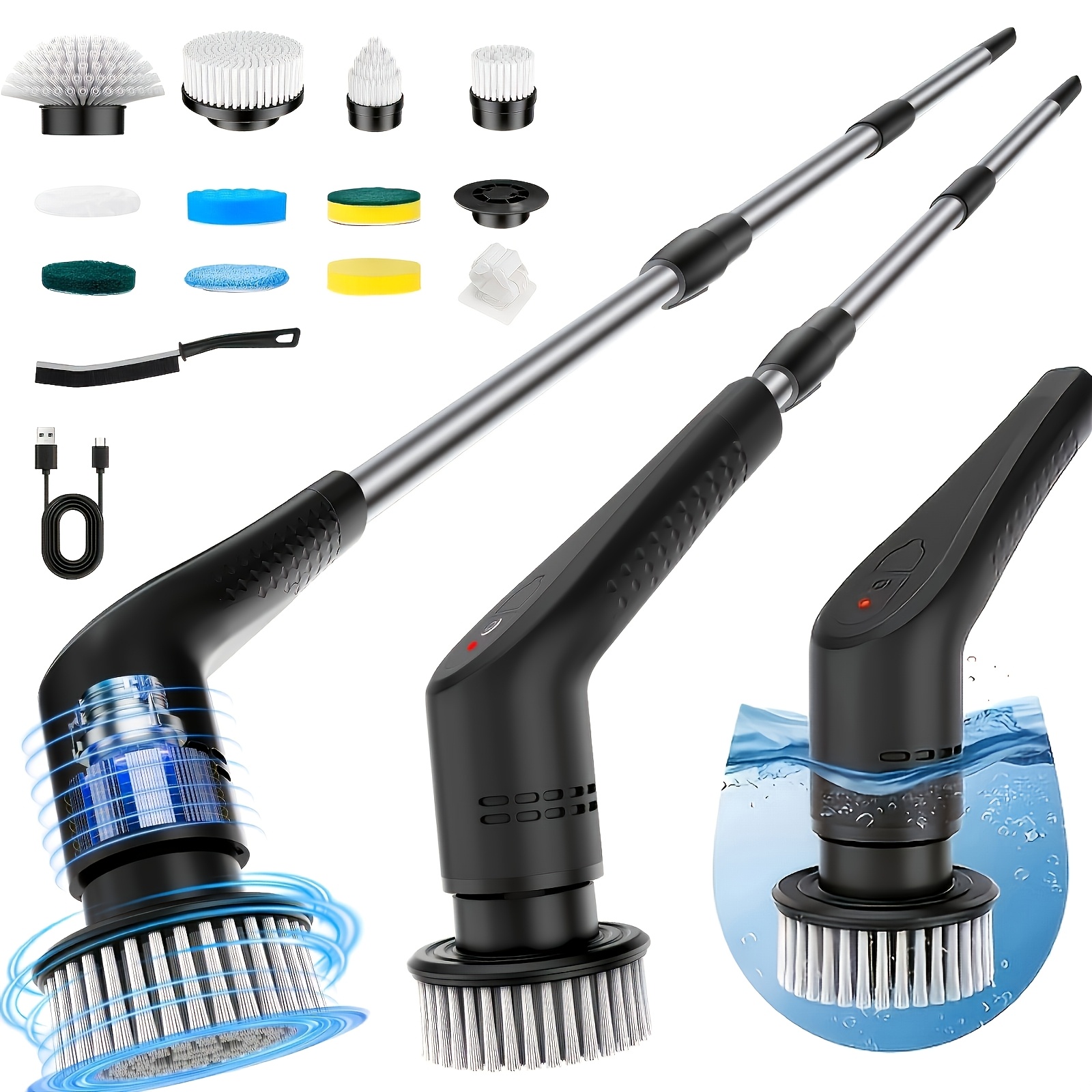TEMU Nij Electric Rotary Brush, Wireless Electric Cleaning Brush With Telescopic Handle, 12pcs Interchangeable Brush Heads, Rechargeable Battery, 2-,