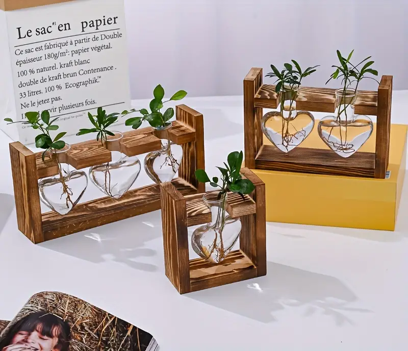 1 pack hydroponic plant terrarium love heart vase with wooden stand indoor hydroponic plant propagation station for home office garden decoration gift for flower pot lovers details 0