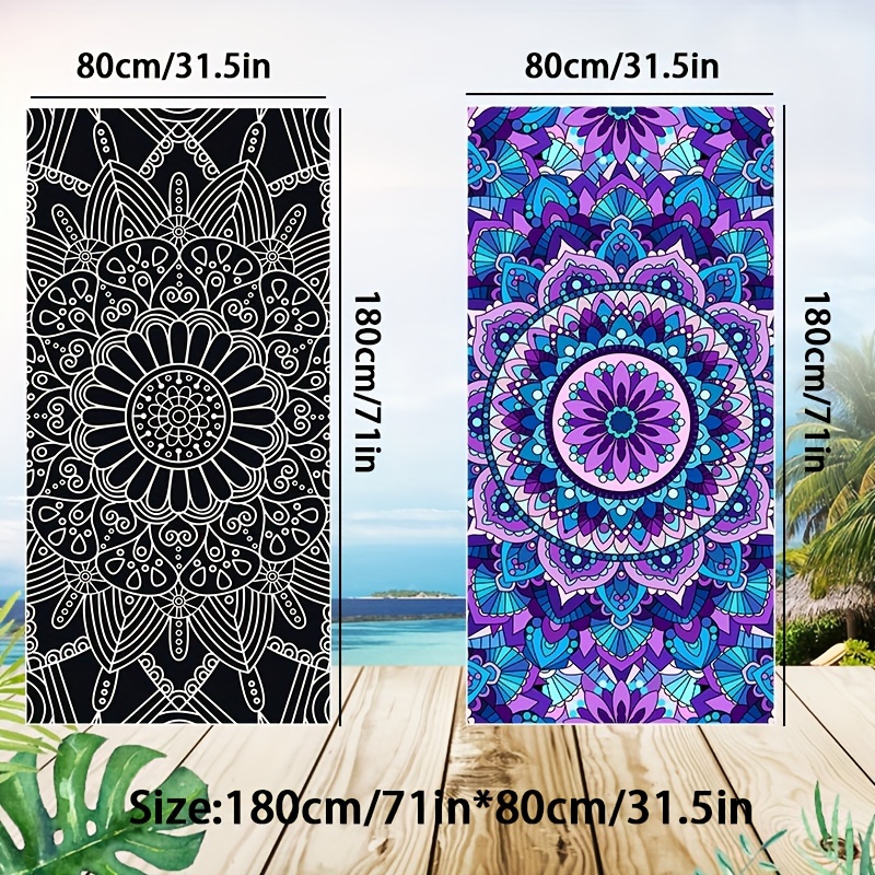 2pcs Set (purple Mandala+black) Microfiber Beach Towel With Mandala Pattern - Soft, Absorbent, And Quick-drying - Perfect For Swimming, Camping, And Bathing