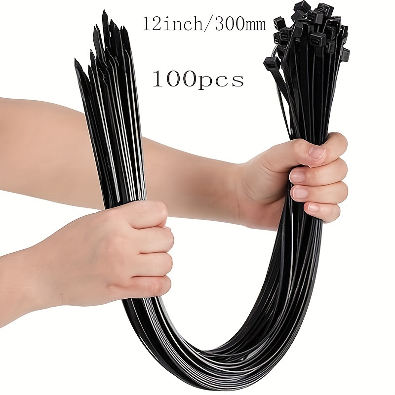 TEMU 100-pack 12-inch Nylon Cable Ties - 50lb Strength, Uv & Heat Resistant, Self-locking Black Zip Ties For Indoor & Outdoor Use, Durable Fire Retardant Plastic Wire Management Ties