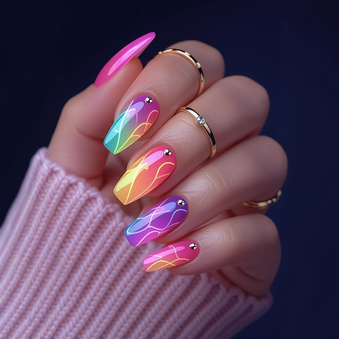 TEMU 24 Medium-sized Ballet Fake Nails With Colorful Gradient Lines And Diamonds