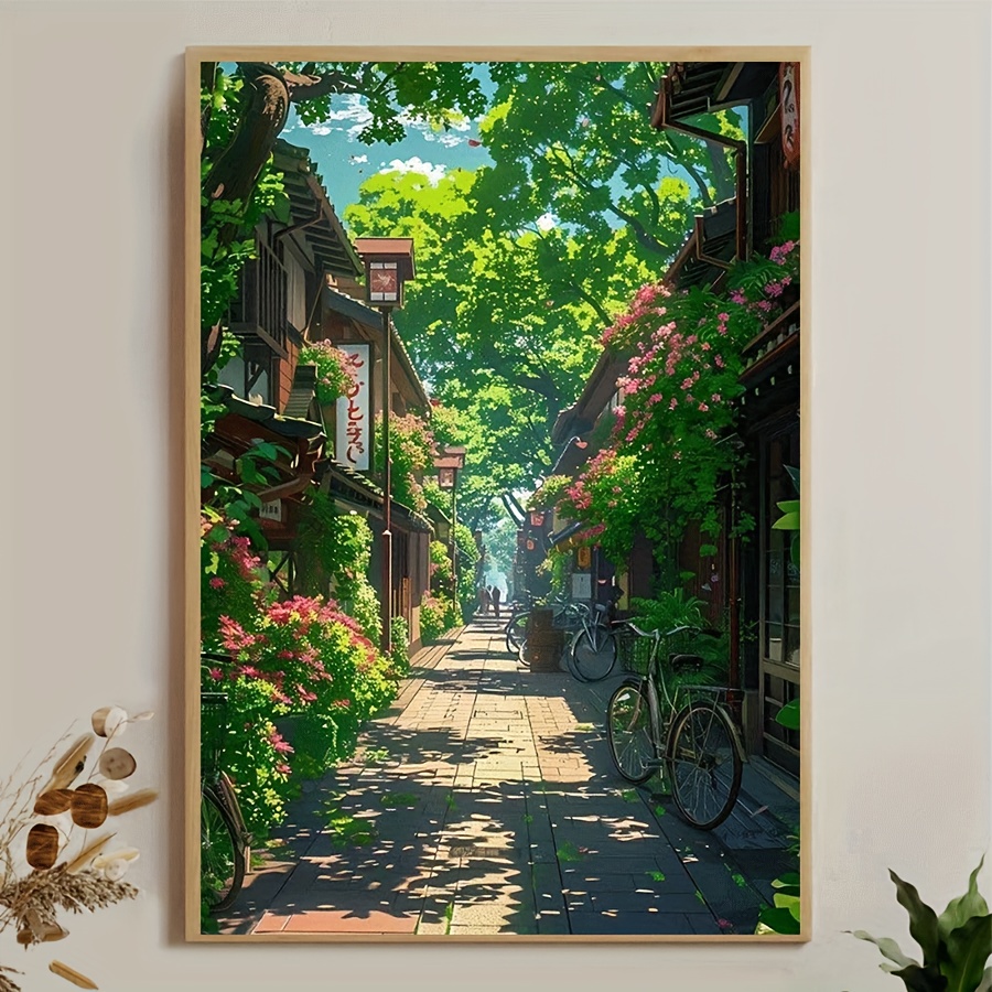 TEMU 2d Flat, 1pc Japanese Canvas Poster - Frameless Modern Minimalist Wall Art Print With , Cherry Blossoms & Japanese Houses - & Brown Tones -