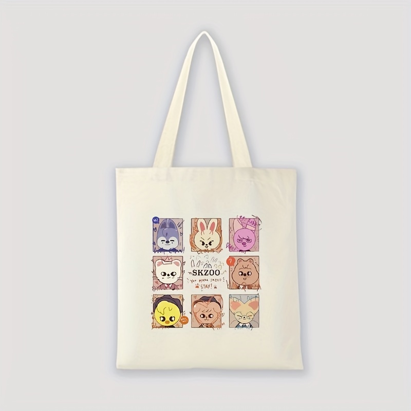 

Beige Canvas Tote Bag With Cartoon & Letter Prints, Large Capacity And Versatile Bag For Shopping & School Supplies